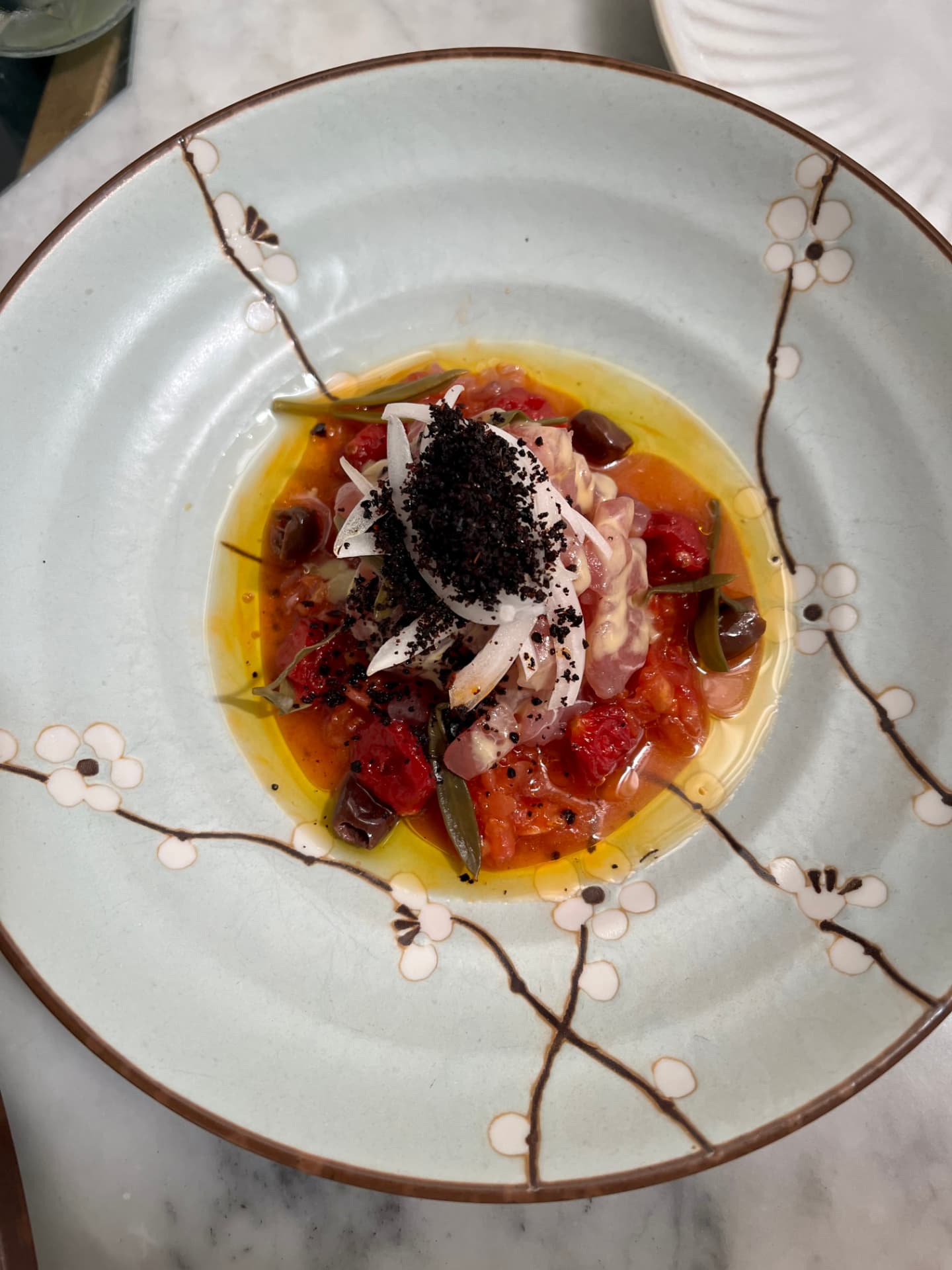 Tuna salsa rojo, fermented tomato, sea fennel, garlic, aci recoto, tomato raisins – at Orfali Brothers Bistro, Dubai