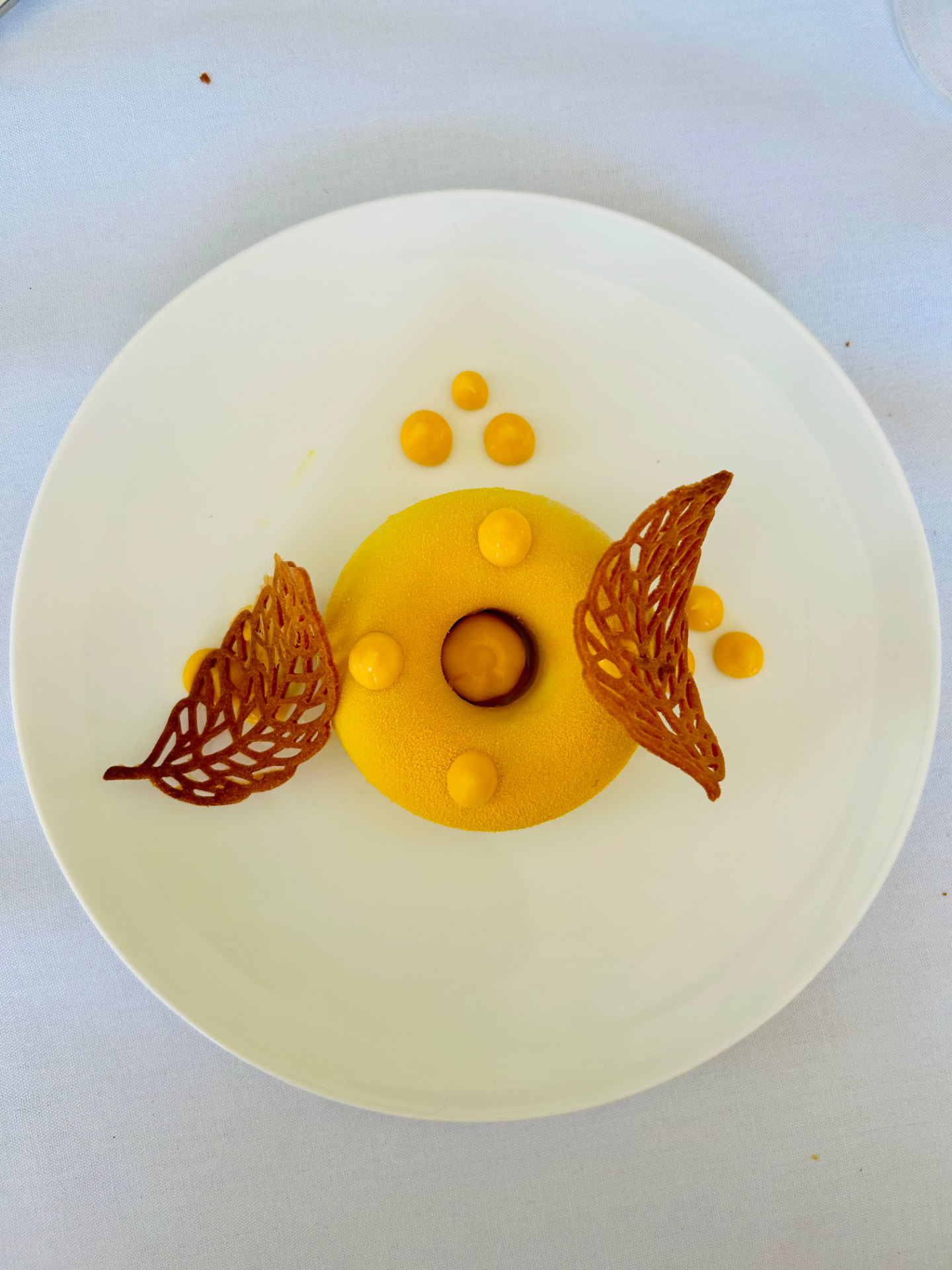 Passion fruit and mango Basque cheesecake with oat crumb – at Schloss Roxburghe, Edinburgh